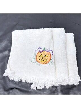 Vintage 3 Cannon Kitchen Tea Towels Halloween Pumpkin 11" x 16" White